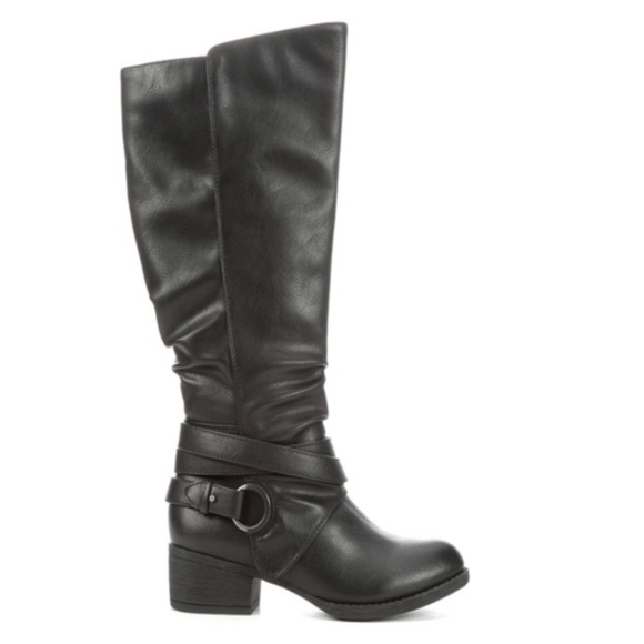 Sugar Dabble Knee High Wide Calf Faux Leather Black Boots Straps/Buckles. Size9M - Picture 4 of 6